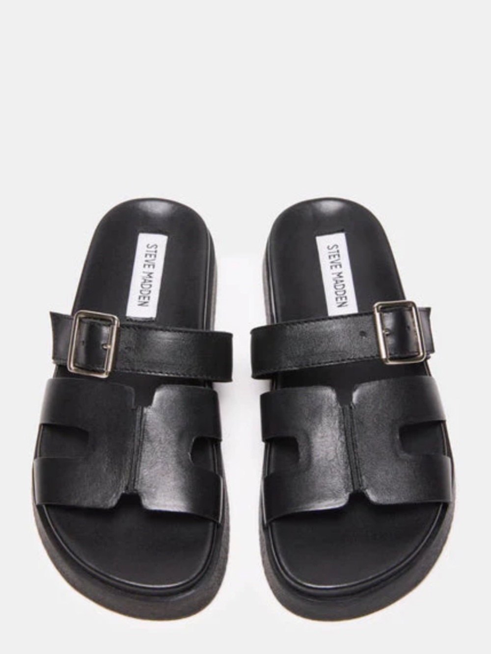 Steve Madden Black Leather Buckle Slide Sandals
